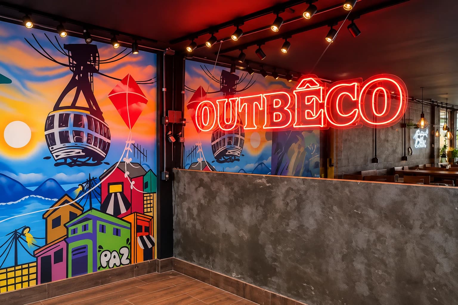 Letreiro Outbeco em neon vermelho no interior de um restaurante